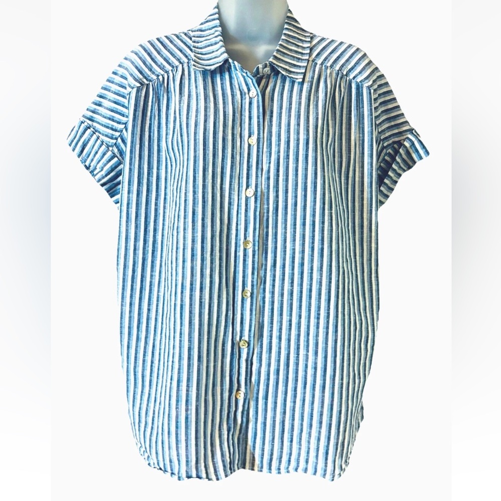 Draper James RSVP Womens Size S Linen Cotton Top Blue Striped Button Down Preppy - Picture 11 of 11